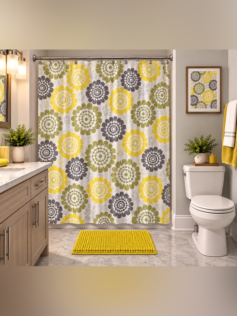 Floral Print Shower Curtain in Yellow, Olive & Gray